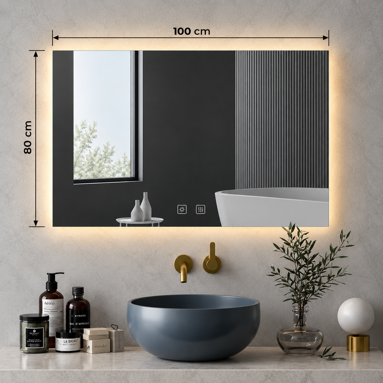Rectangular Frameless Floating Wall Mirror 100×80 cm with Backlit LED Lighting & Defogger Ultra White Float Glass Model 5853LD