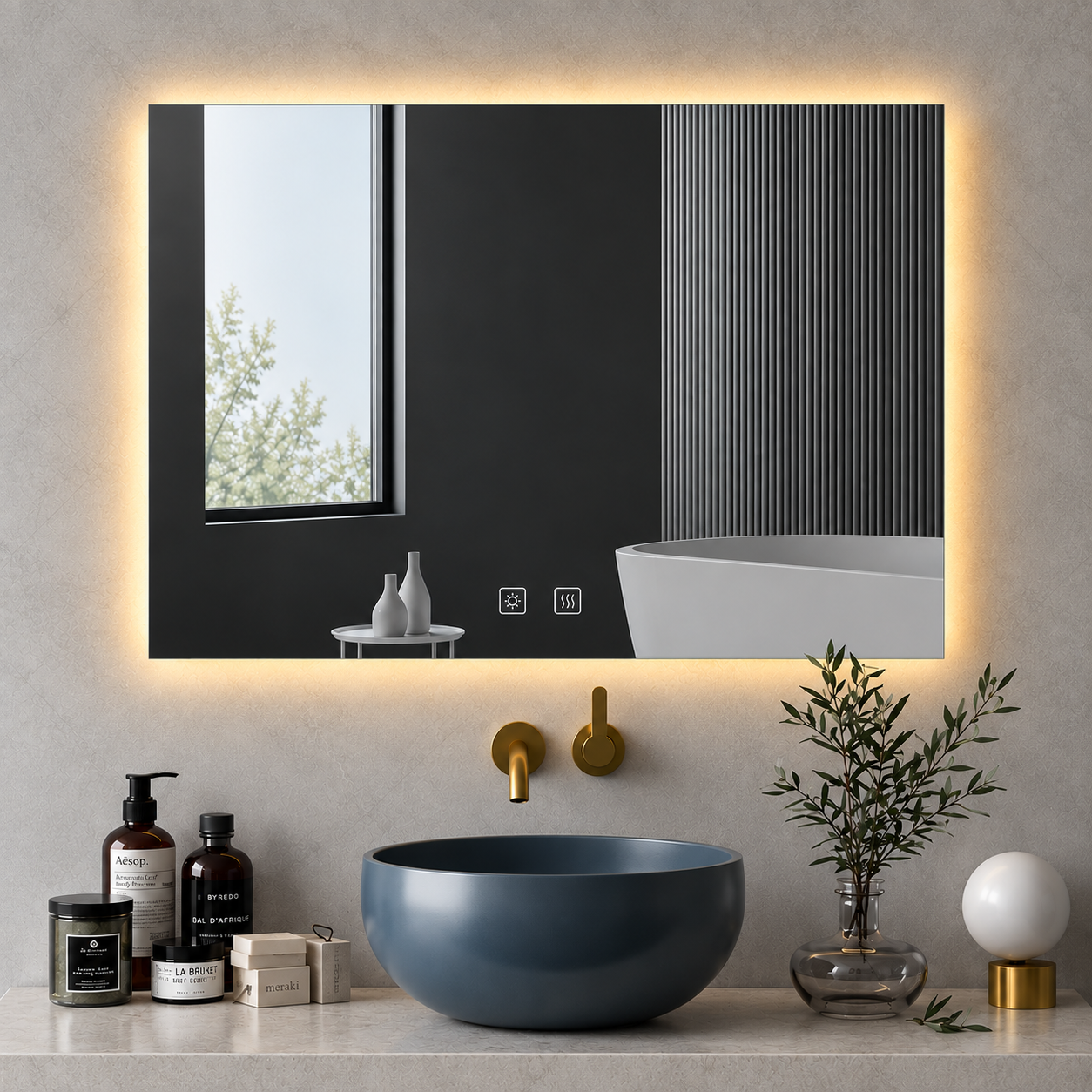 Rectangular Frameless Floating Wall Mirror 100×80 cm with Backlit LED Lighting & Defogger Ultra White Float Glass Model 5853LD