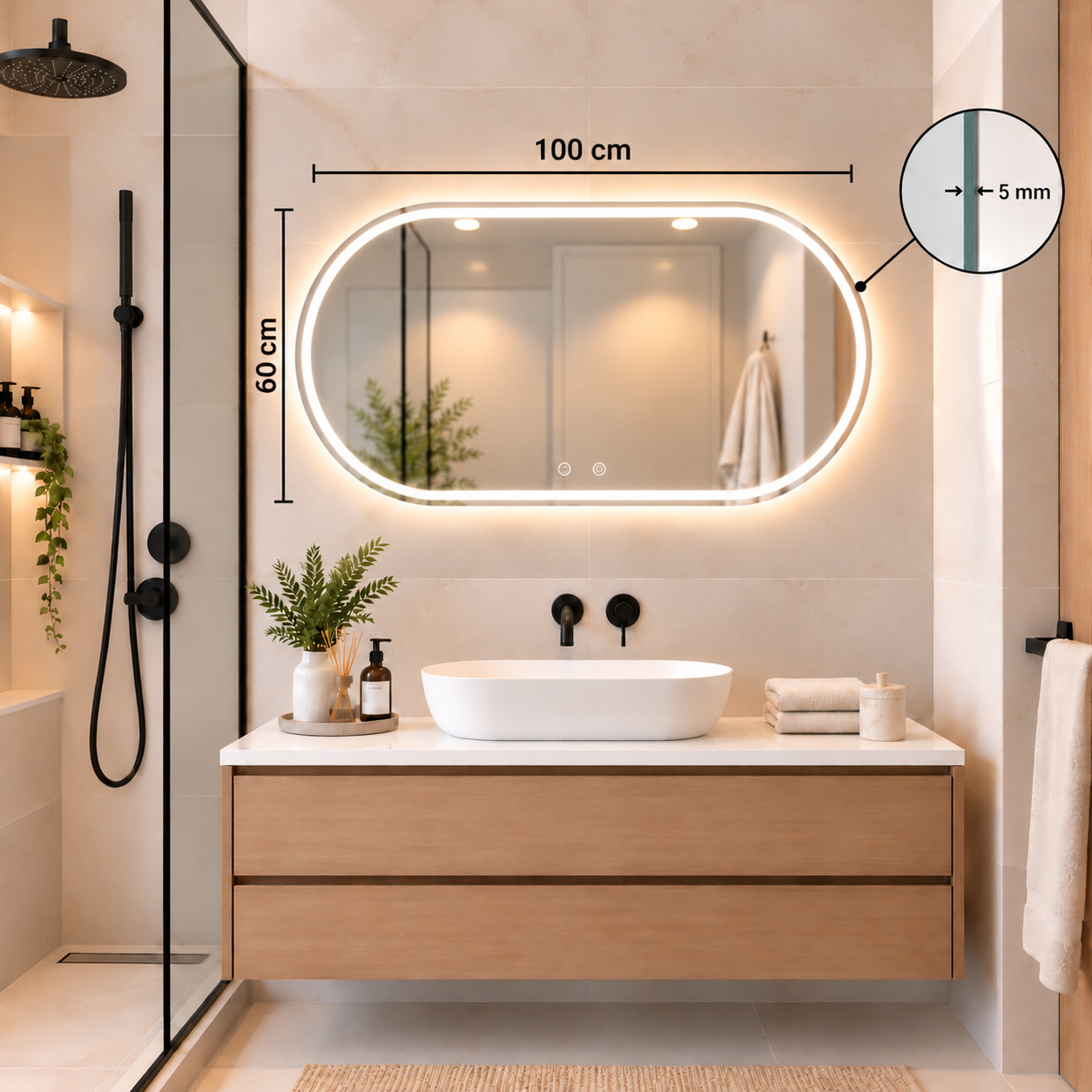 Oval Frameless Floating Wall Mirror 60×100 cm with Front & Backlit LED Lighting & Defogger Ultra White Float Glass Model 15302BFDLD
