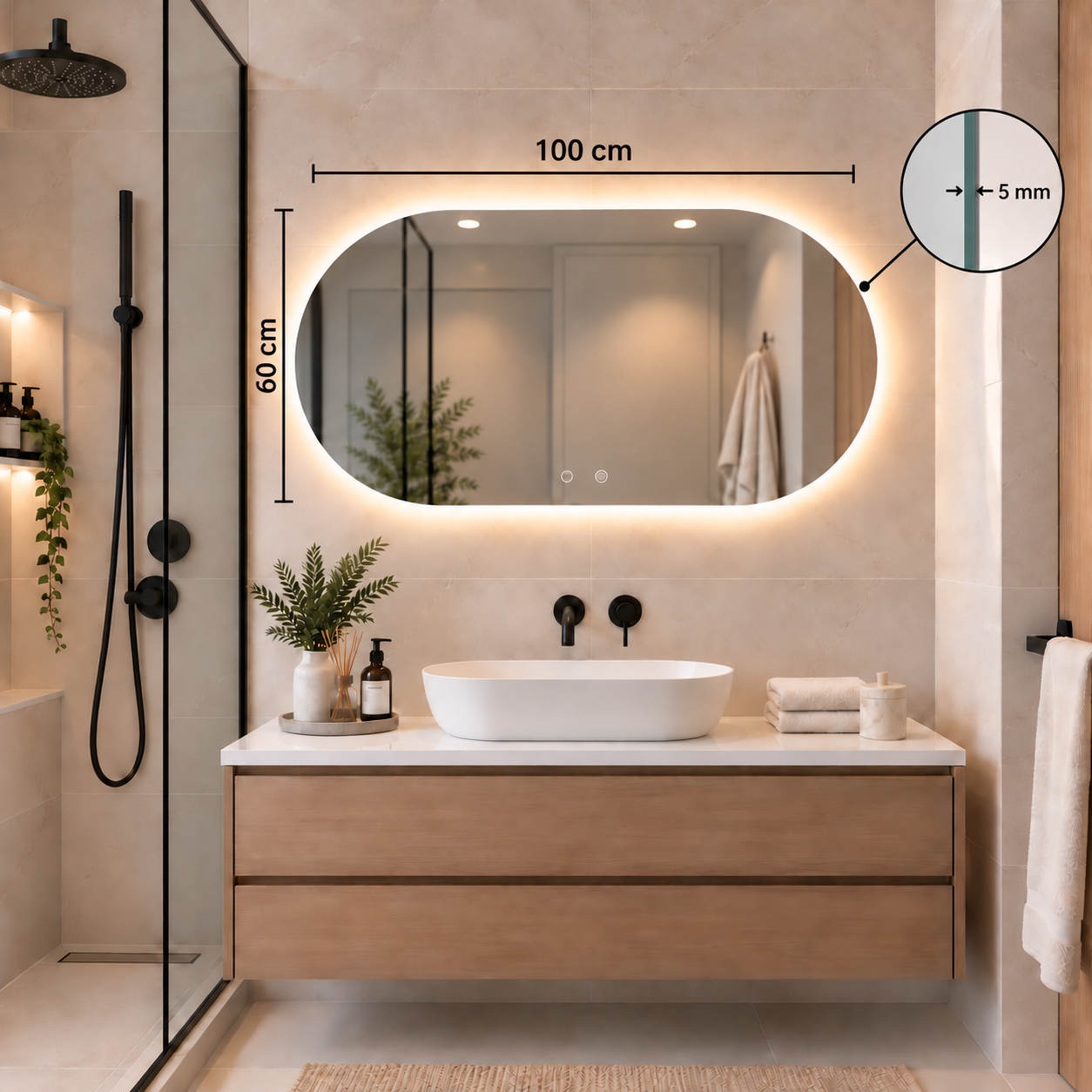 Oval Frameless Floating Wall Mirror 60×100 cm with Backlit LED Lighting & Defogger Ultra White Float Glass Model 15204BDLD