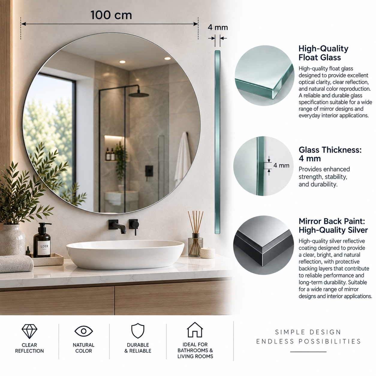 Round Frameless Floating Wall Mirror Ø100 cm High-Quality Float Glass Model 88016C