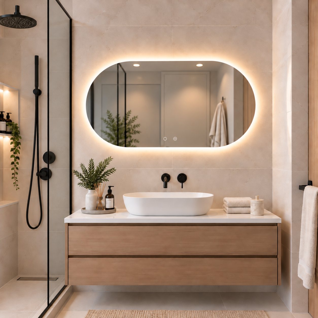 Oval Frameless Floating Wall Mirror 60×100 cm with Backlit LED Lighting & Defogger Ultra White Float Glass Model 15204BDLD