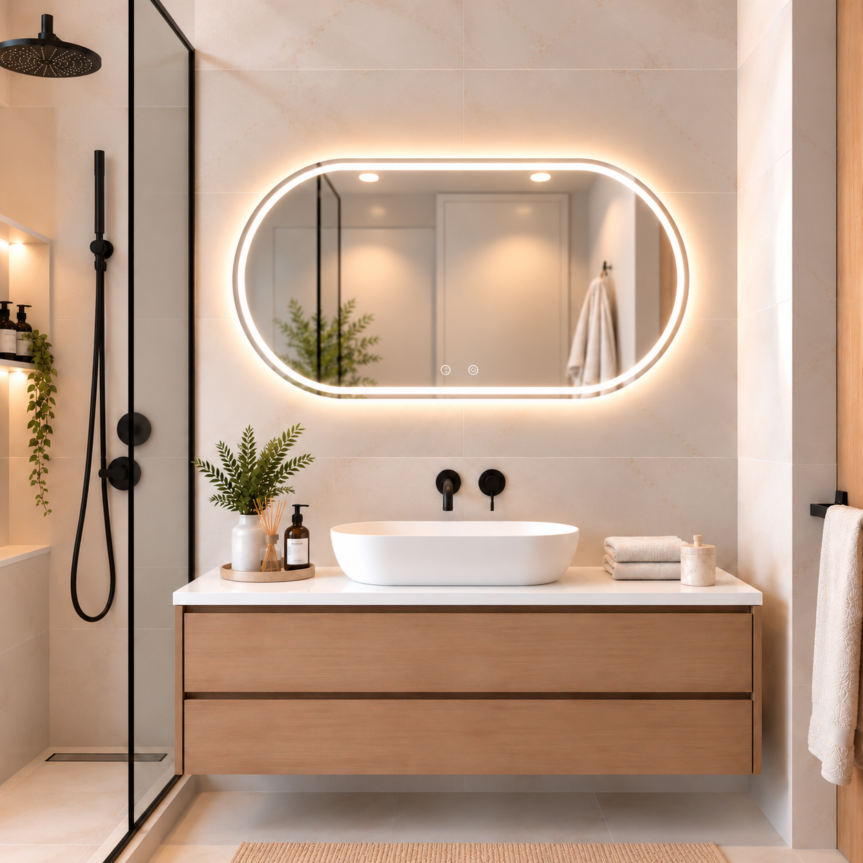 Oval Frameless Floating Wall Mirror 60×100 cm with Front & Backlit LED Lighting & Defogger Ultra White Float Glass Model 15302BFDLD