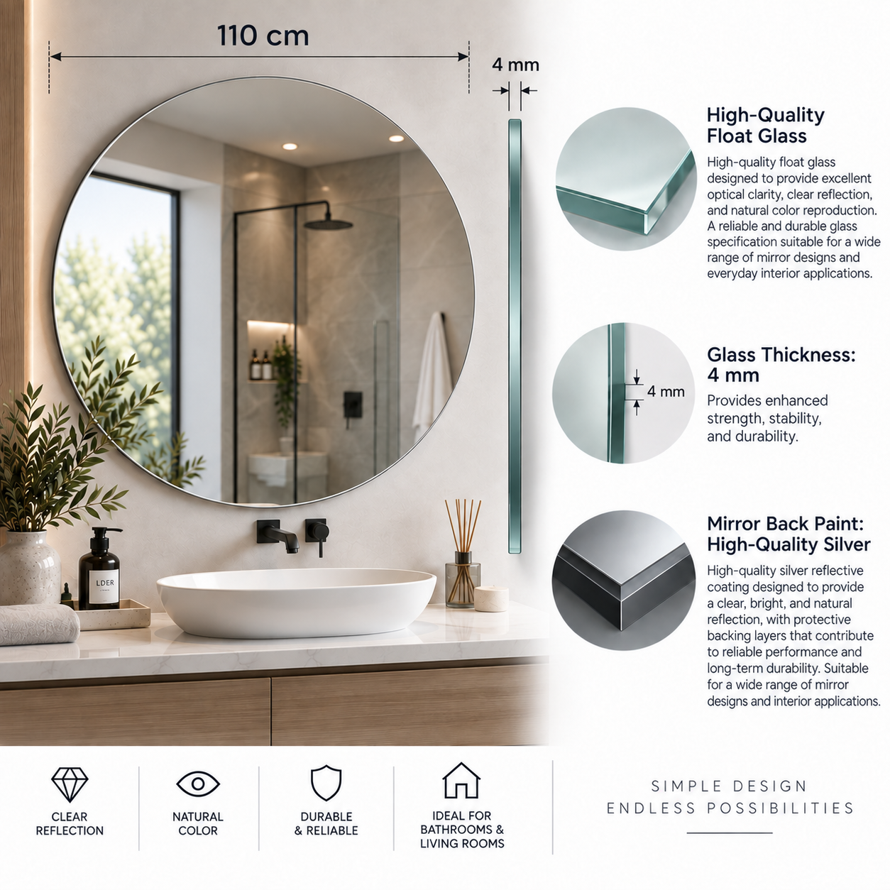 Round Full-Length Frameless Floating Wall Mirror Ø110 cm High-Quality Float Glass Model 88017C