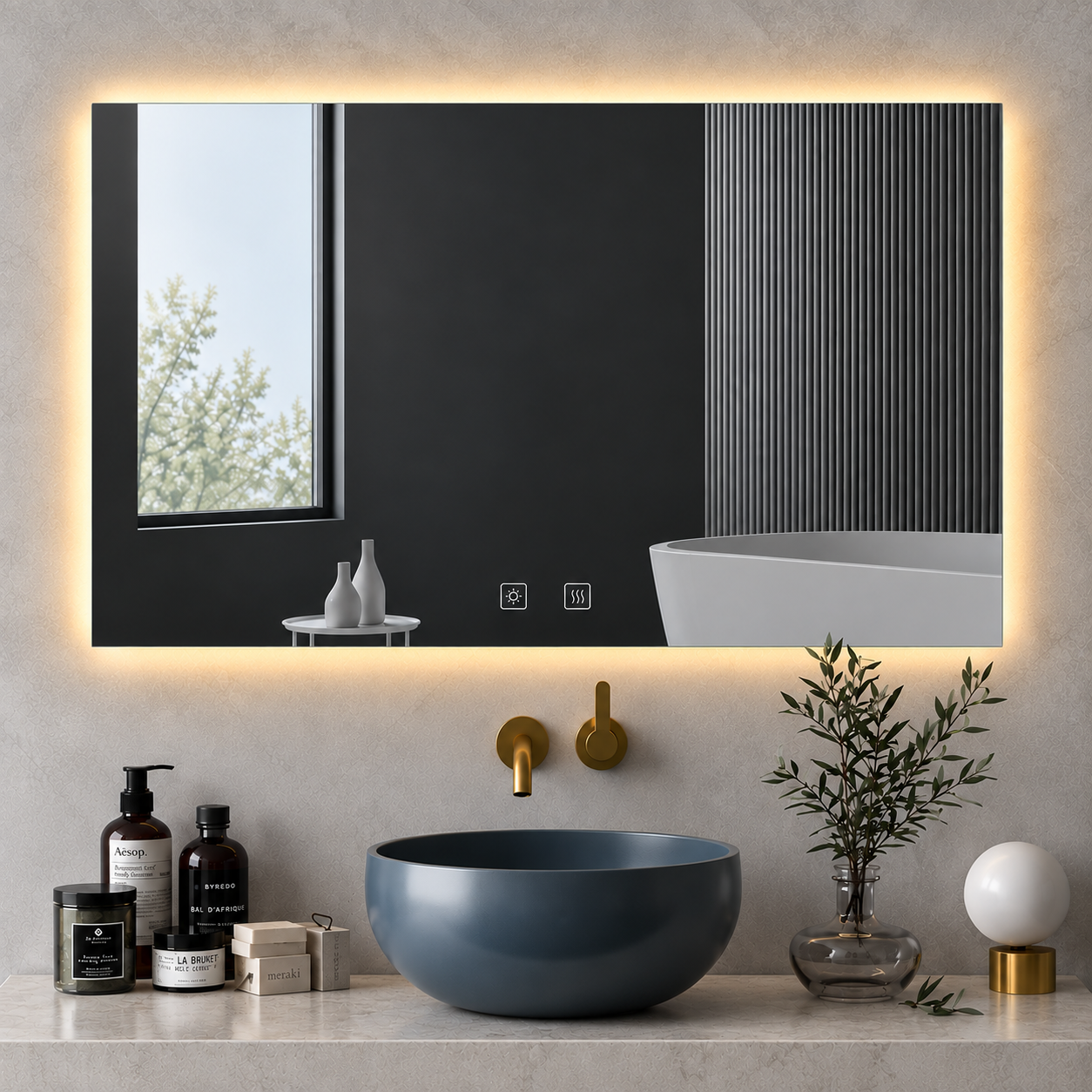 Rectangular Frameless Floating Wall Mirror 120×80 cm with Backlit LED Lighting & Defogger Ultra White Float Glass Model 5855LD