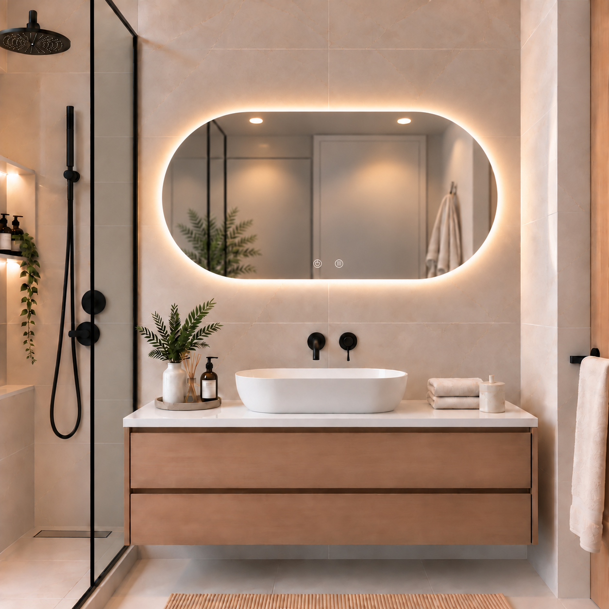 Oval Frameless Floating Wall Mirror 60×120 cm with Backlit LED Lighting & Defogger Ultra White Float Glass Model 15205BDLD