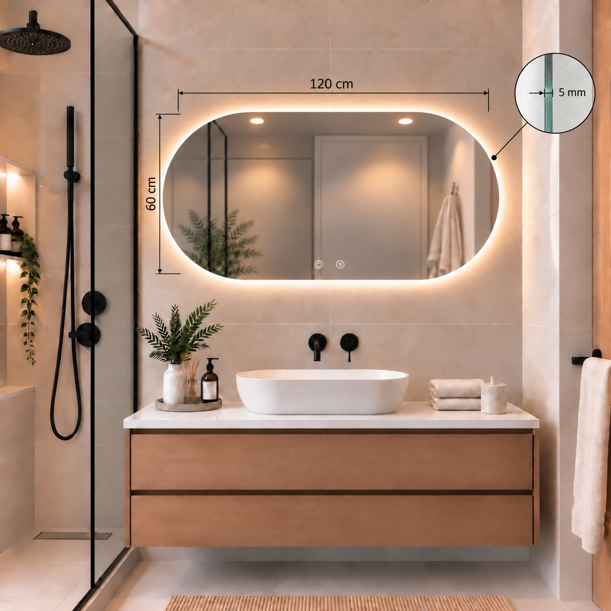 Oval Frameless Floating Wall Mirror 60×120 cm with Backlit LED Lighting & Defogger Ultra White Float Glass Model 15205BDLD