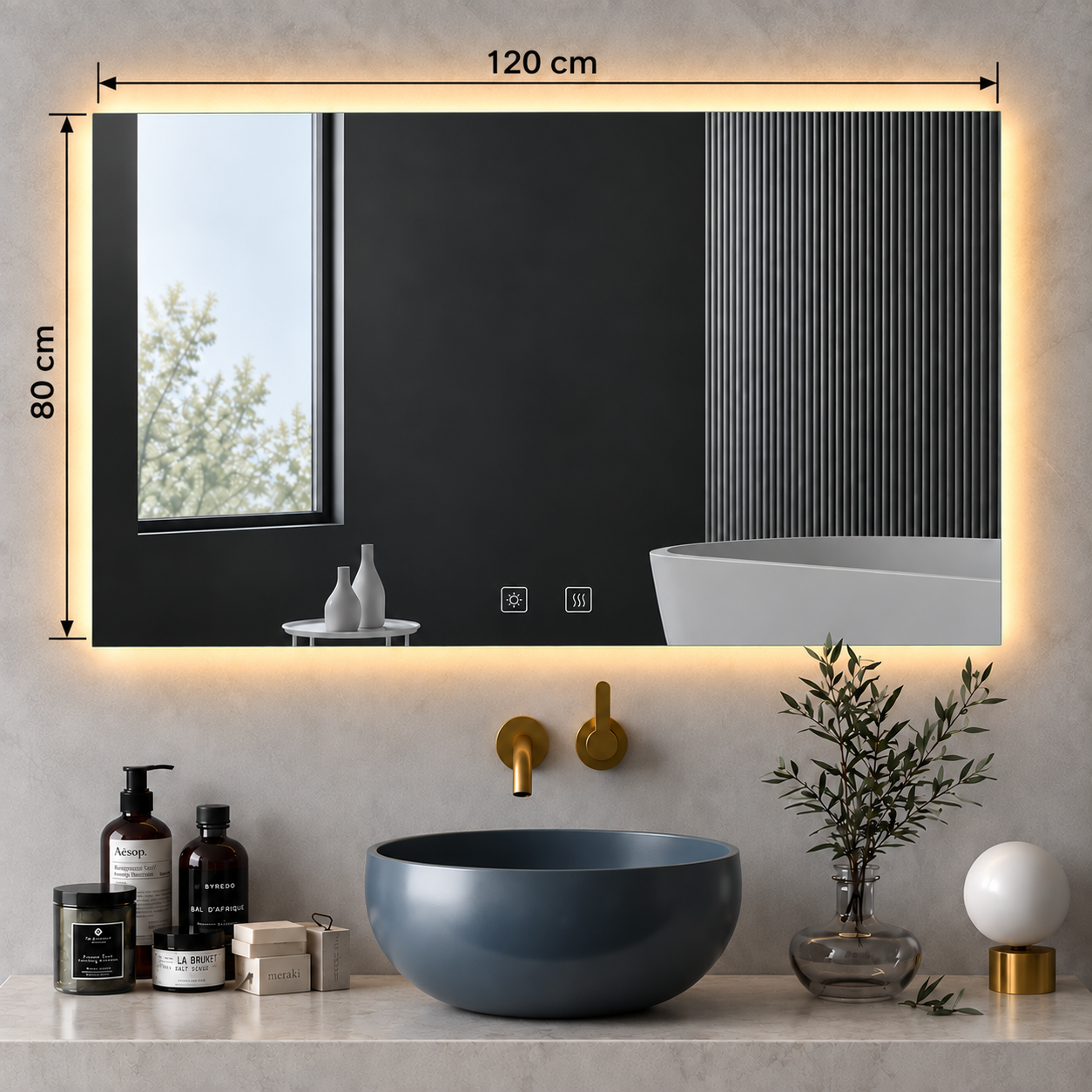 Rectangular Frameless Floating Wall Mirror 120×80 cm with Backlit LED Lighting & Defogger Ultra White Float Glass Model 5855LD