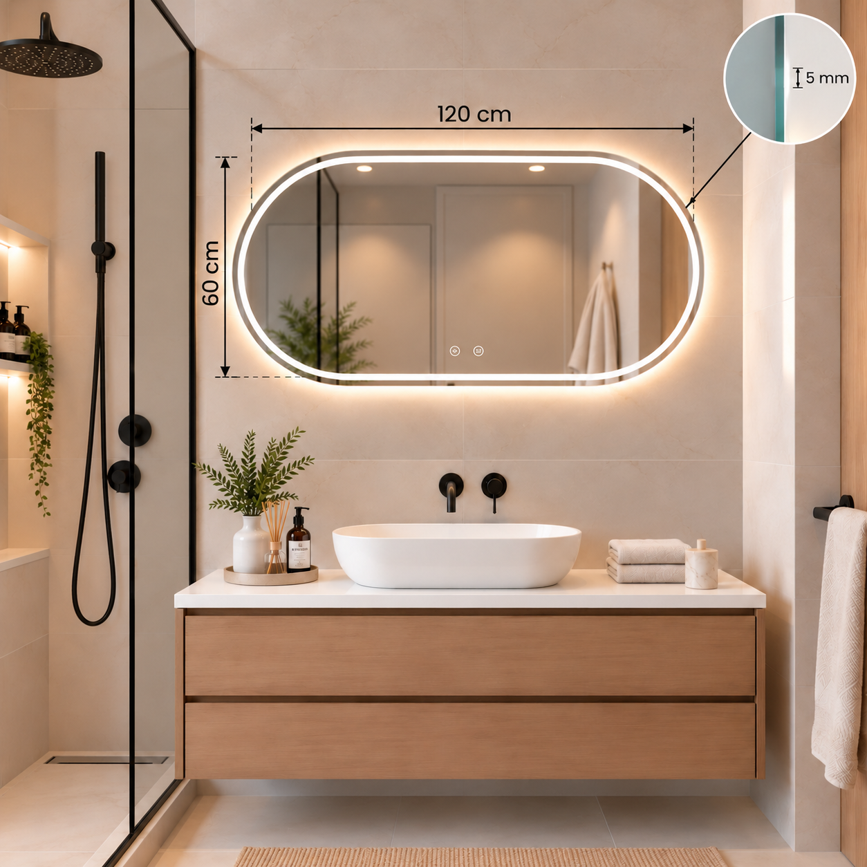 Oval Frameless Floating Wall Mirror 60×120 cm with Front & Backlit LED Lighting & Defogger Ultra White Float Glass Model 15303BFDLD