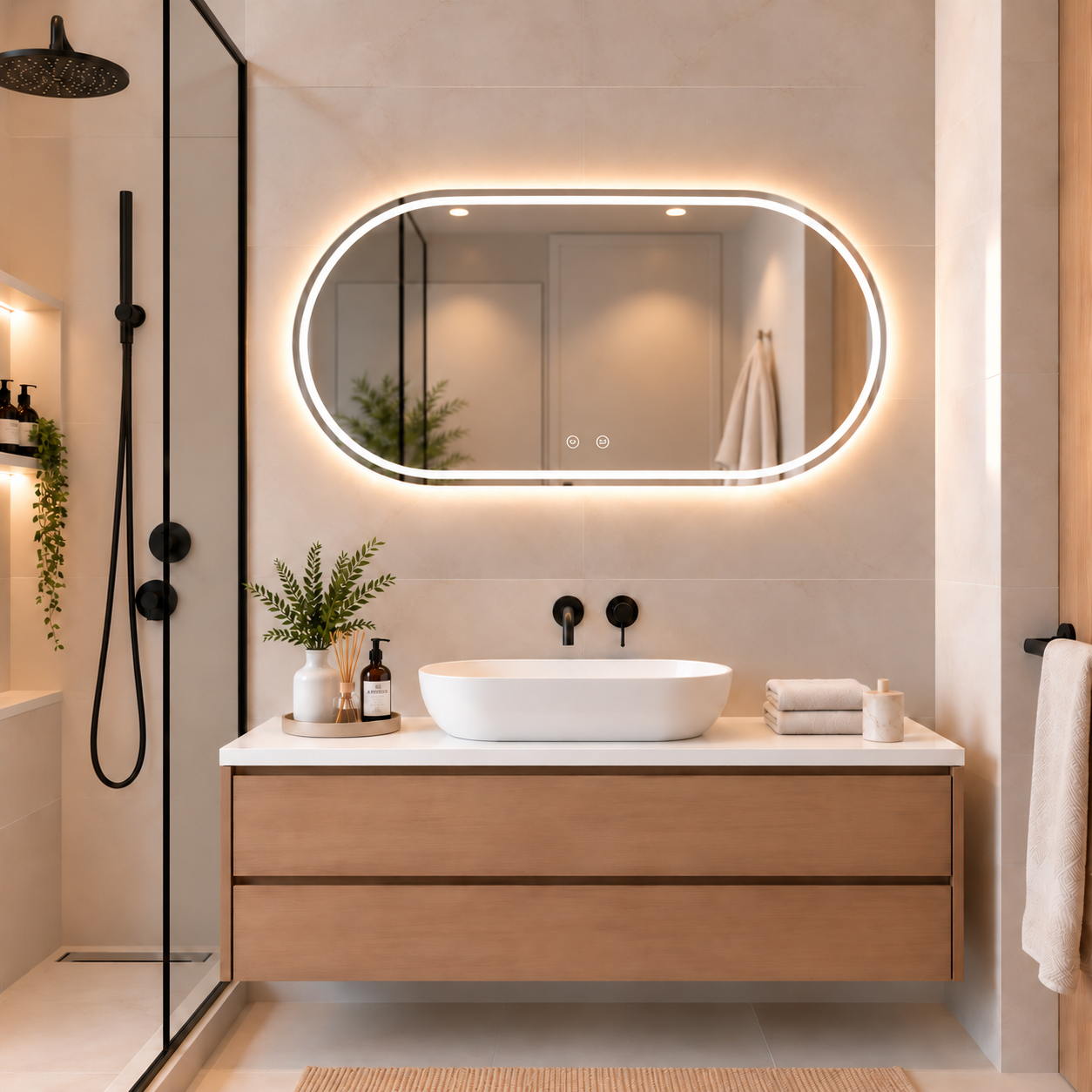 Oval Frameless Floating Wall Mirror 60×120 cm with Front & Backlit LED Lighting & Defogger Ultra White Float Glass Model 15303BFDLD