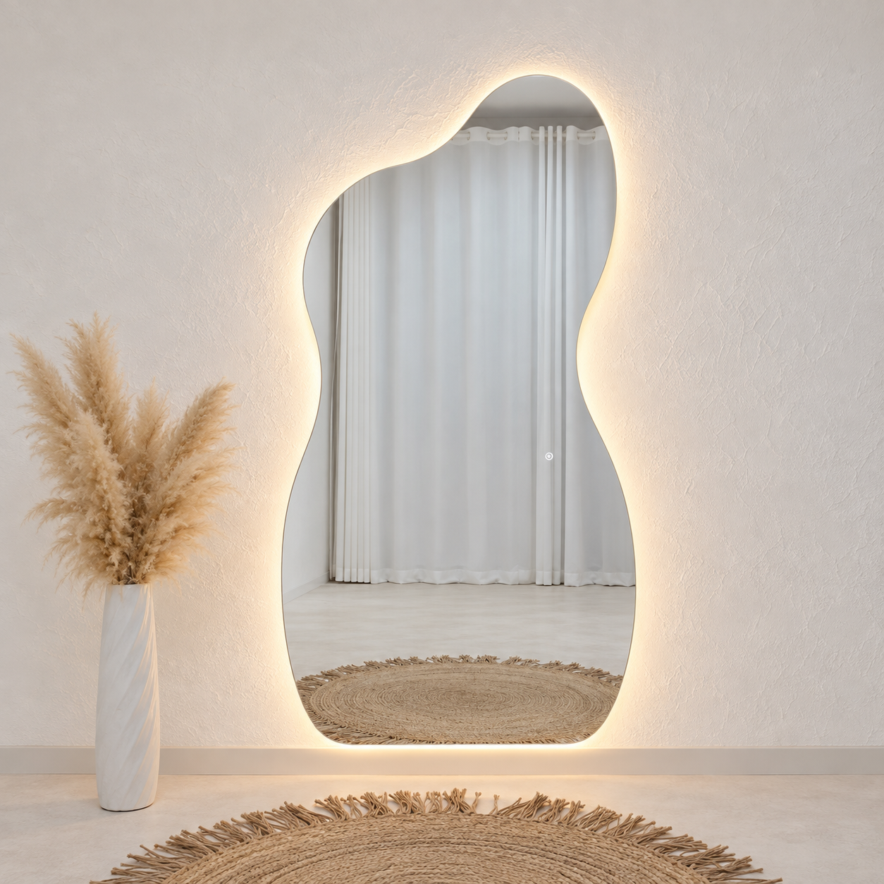 Asymmetrical Full-Length Frameless Floating Wall Mirror 100*180 cm with Backlit LED Lighting Ultra White Float Glass Model LM-70LD