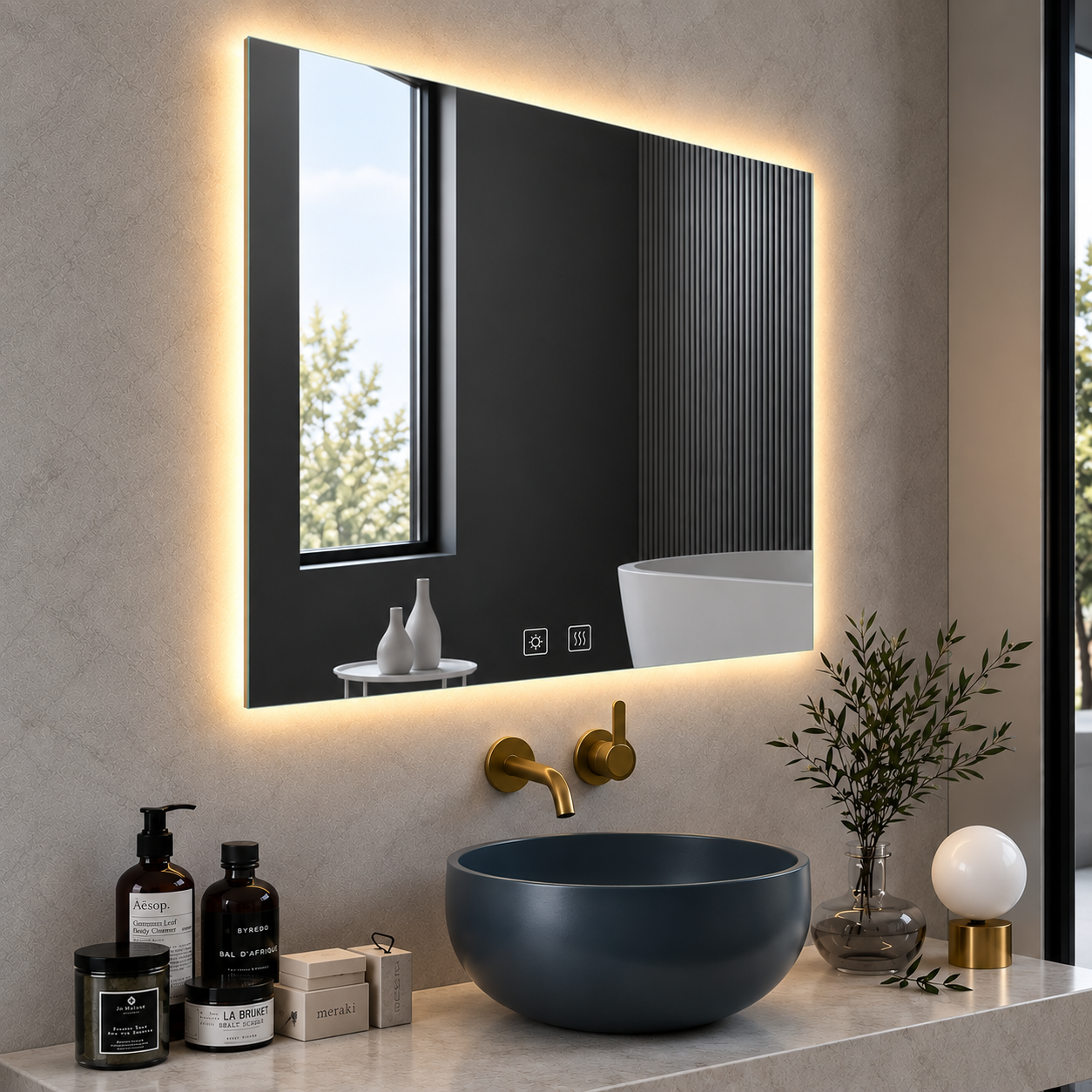 Rectangular Frameless Floating Wall Mirror 120×80 cm with Backlit LED Lighting & Defogger Ultra White Float Glass Model 5855LD