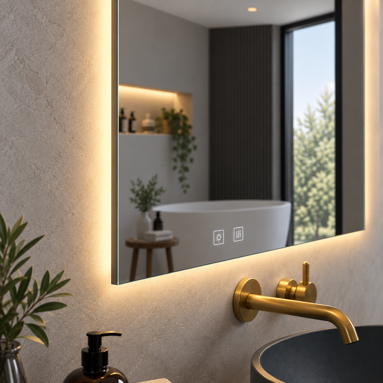 Rectangular Frameless Floating Wall Mirror 100×80 cm with Backlit LED Lighting & Defogger Ultra White Float Glass Model 5853LD