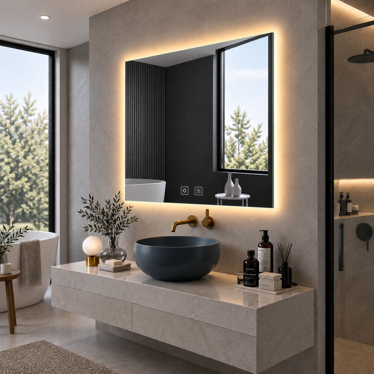 Square Frameless Floating Wall Mirror 80×80 cm with Backlit LED Lighting & Defogger Ultra White Float Glass Model 5852LD