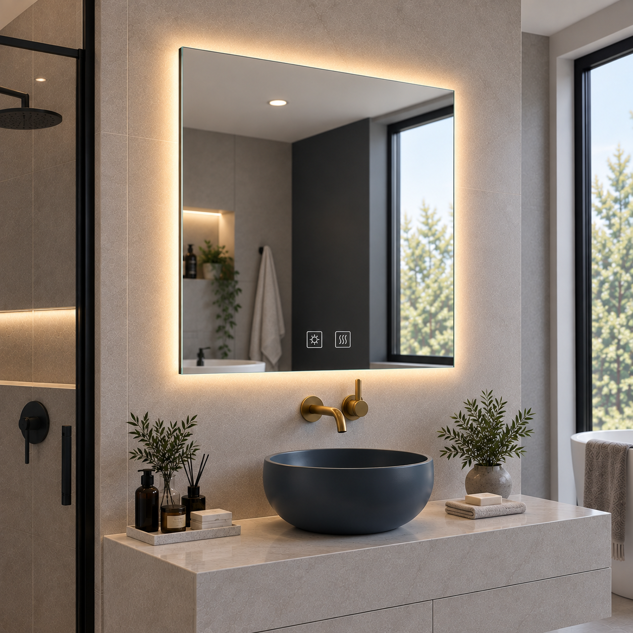 Square Frameless Floating Wall Mirror 80×80 cm with Backlit LED Lighting & Defogger Ultra White Float Glass Model 5852LD