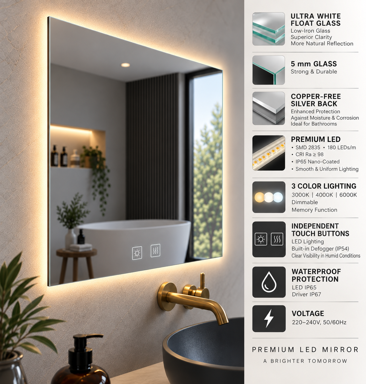 Rectangular Frameless Floating Wall Mirror 100×80 cm with Backlit LED Lighting & Defogger Ultra White Float Glass Model 5853LD