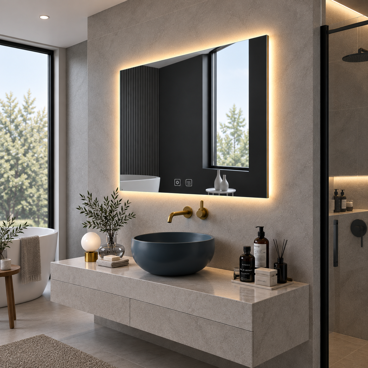 Rectangular Frameless Floating Wall Mirror 120×80 cm with Backlit LED Lighting & Defogger Ultra White Float Glass Model 5855LD