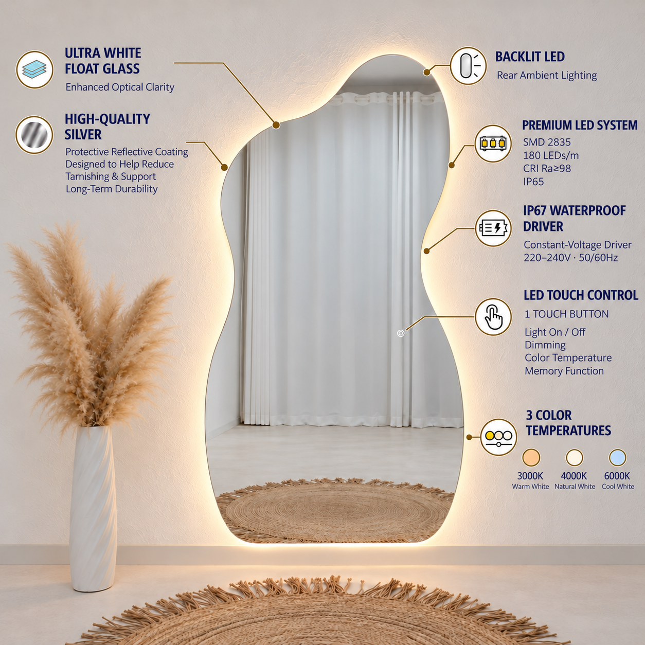 Asymmetrical Full-Length Frameless Floating Wall Mirror 100*180 cm with Backlit LED Lighting Ultra White Float Glass Model LM-70LD