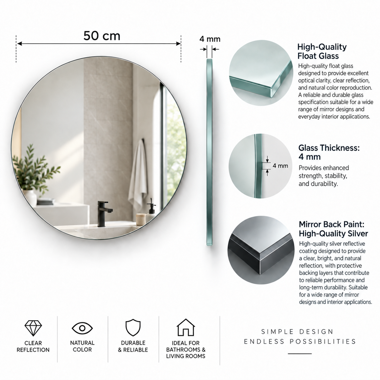 Round Frameless Floating Wall Mirror Ø50 cmHigh-Quality Float Glass Model 88011C