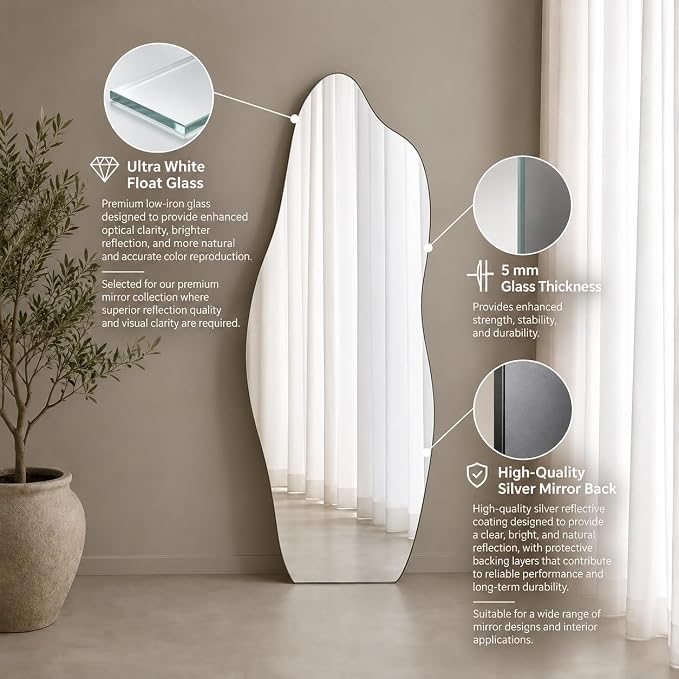 Asymmetrical Full-Length Frameless Floating Wall Mirror 70×180 cm Ultra White Float Glass Model LM-52
