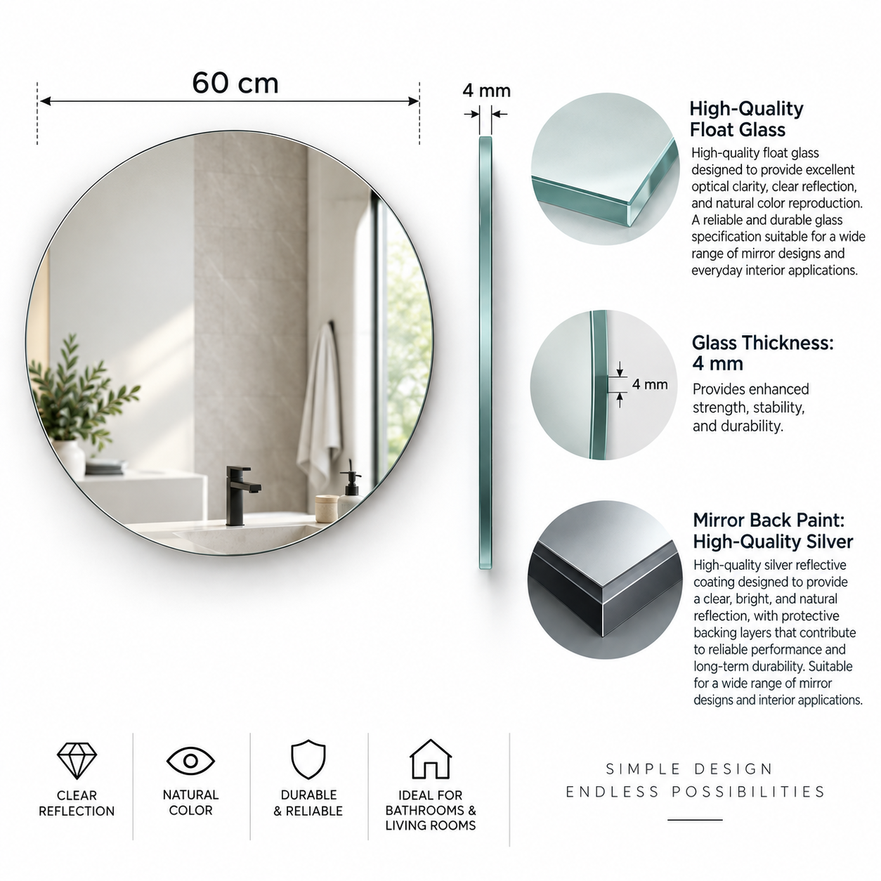 Round Frameless Floating Wall Mirror Ø60 cm High-Quality Float Glass Model 88012C