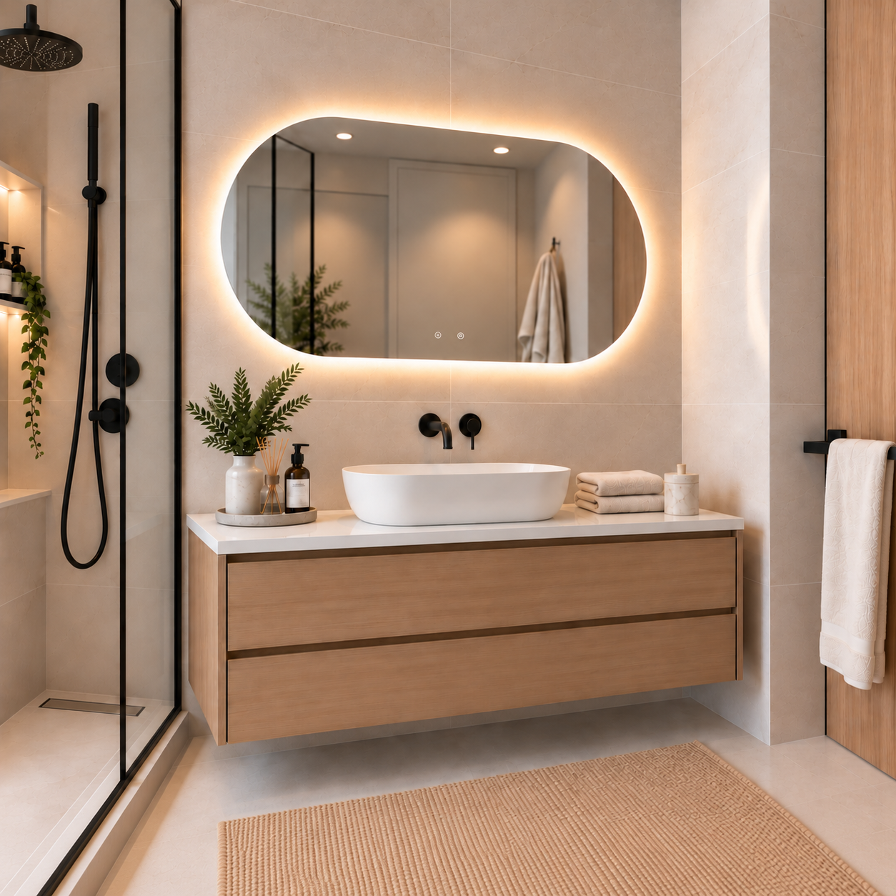 Oval Frameless Floating Wall Mirror 60×100 cm with Backlit LED Lighting & Defogger Ultra White Float Glass Model 15204BDLD