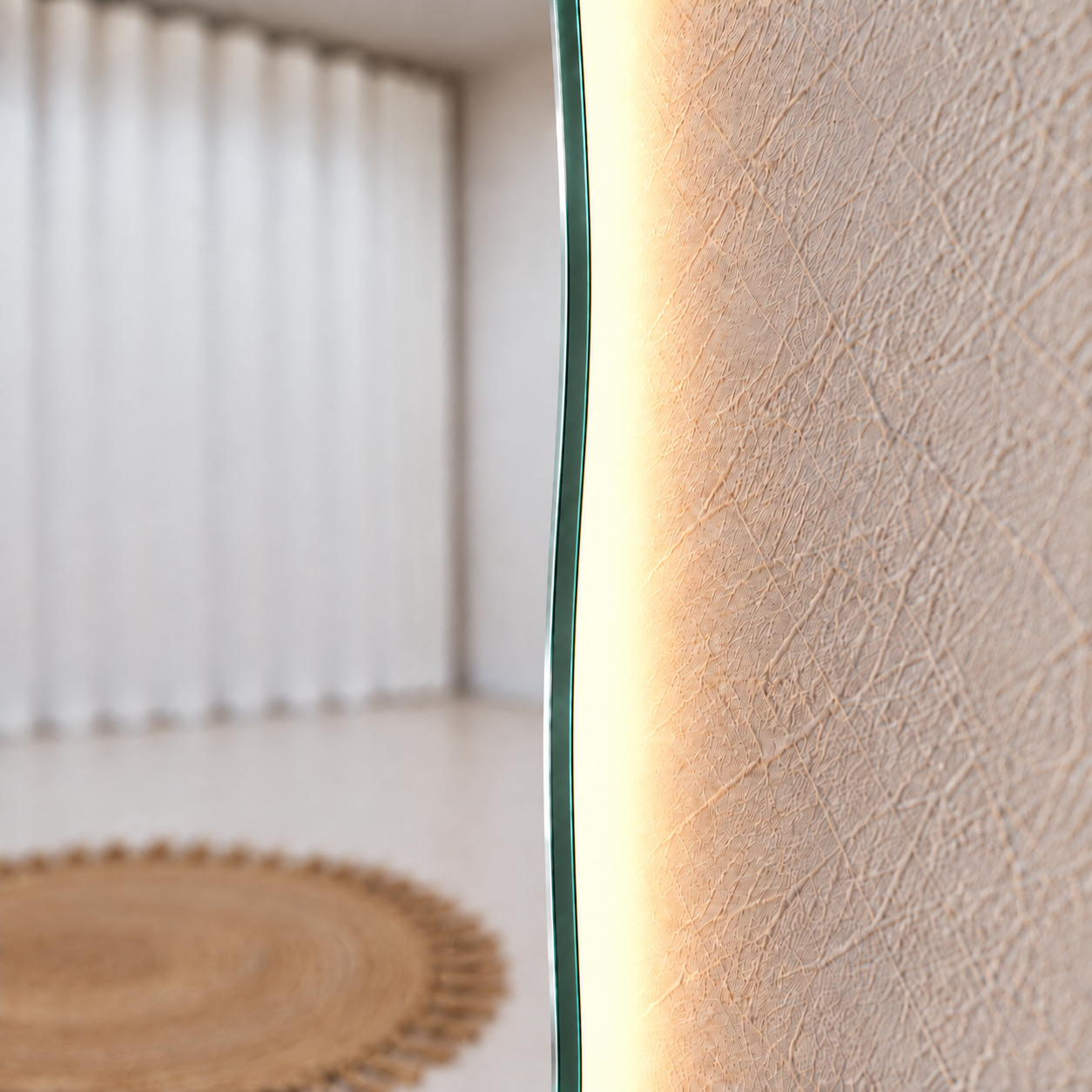 Asymmetrical Full-Length Frameless Floating Wall Mirror 100*180 cm with Backlit LED Lighting Ultra White Float Glass Model LM-70LD