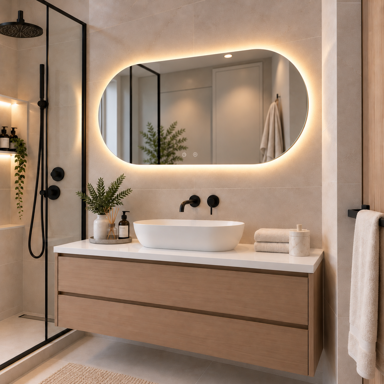 Oval Frameless Floating Wall Mirror 60×80 cm with Backlit LED Lighting & Defogger Ultra White Float Glass Model 15203BDLD