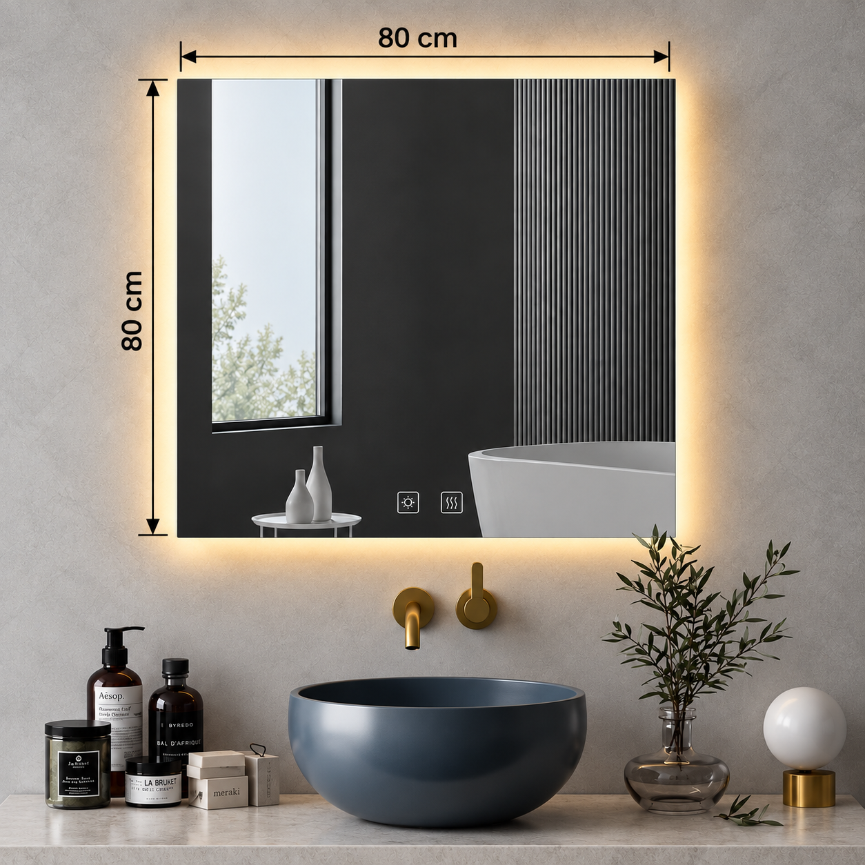 Square Frameless Floating Wall Mirror 80×80 cm with Backlit LED Lighting & Defogger Ultra White Float Glass Model 5852LD