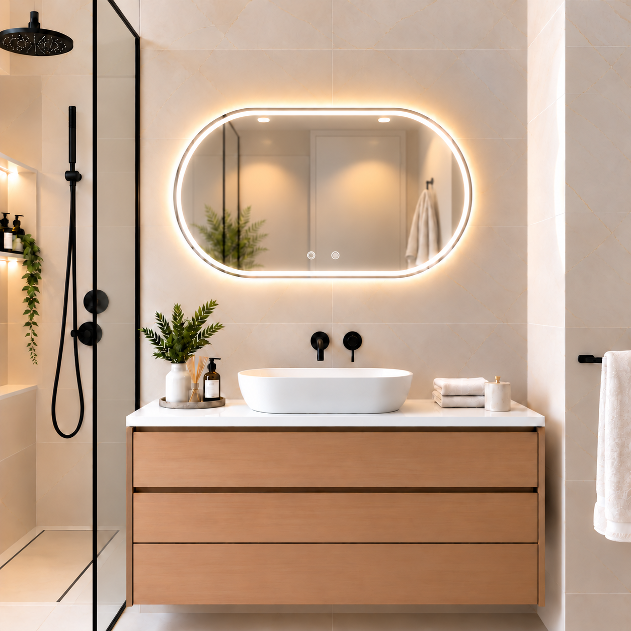 Oval Frameless Floating Wall Mirror 60×80 cm with Front & Backlit LED Lighting & Defogger Ultra White Float Glass Model 15301BFDLD