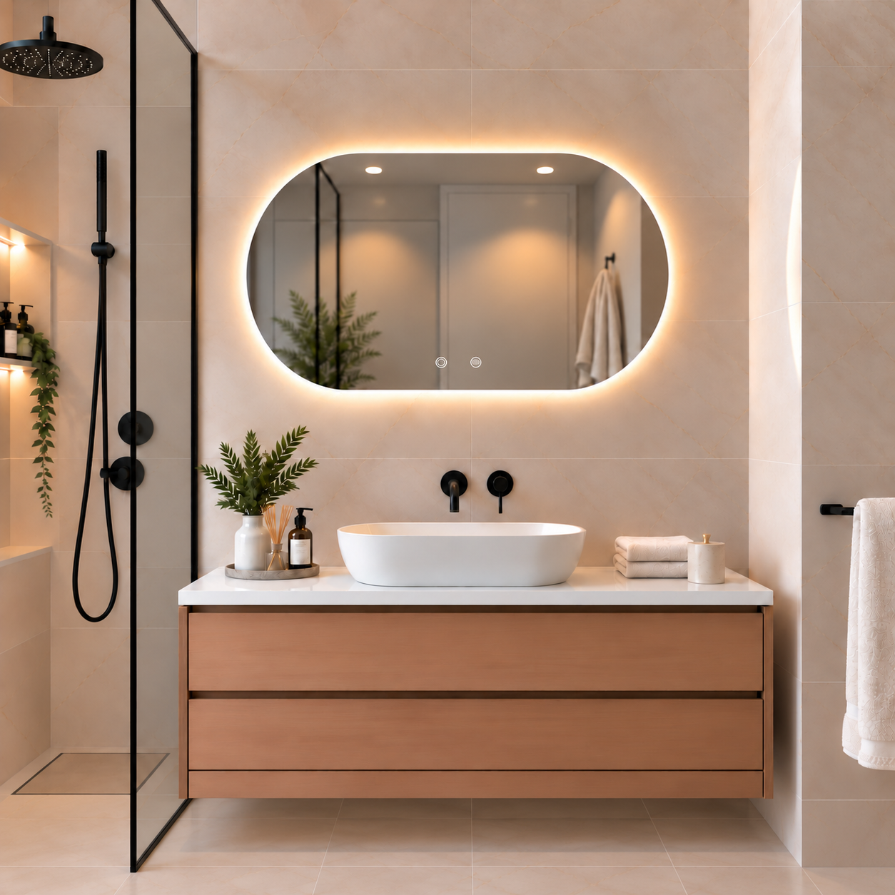 Oval Frameless Floating Wall Mirror 60×80 cm with Backlit LED Lighting & Defogger Ultra White Float Glass Model 15203BDLD