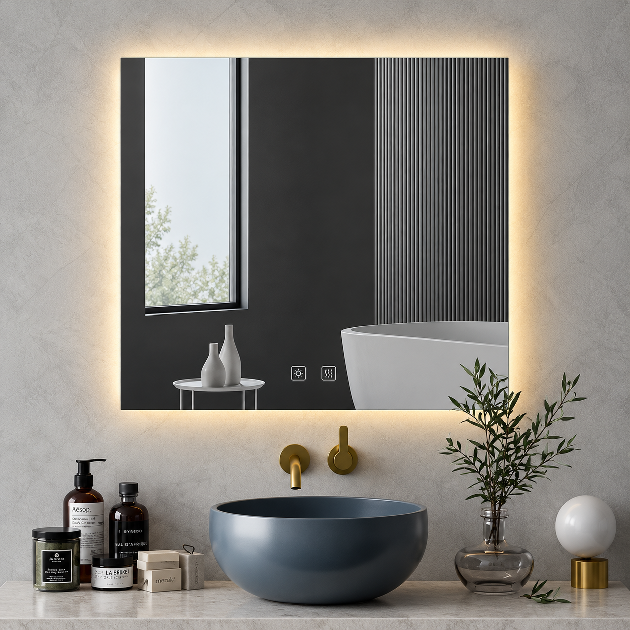 Square Frameless Floating Wall Mirror 80×80 cm with Backlit LED Lighting & Defogger Ultra White Float Glass Model 5852LD