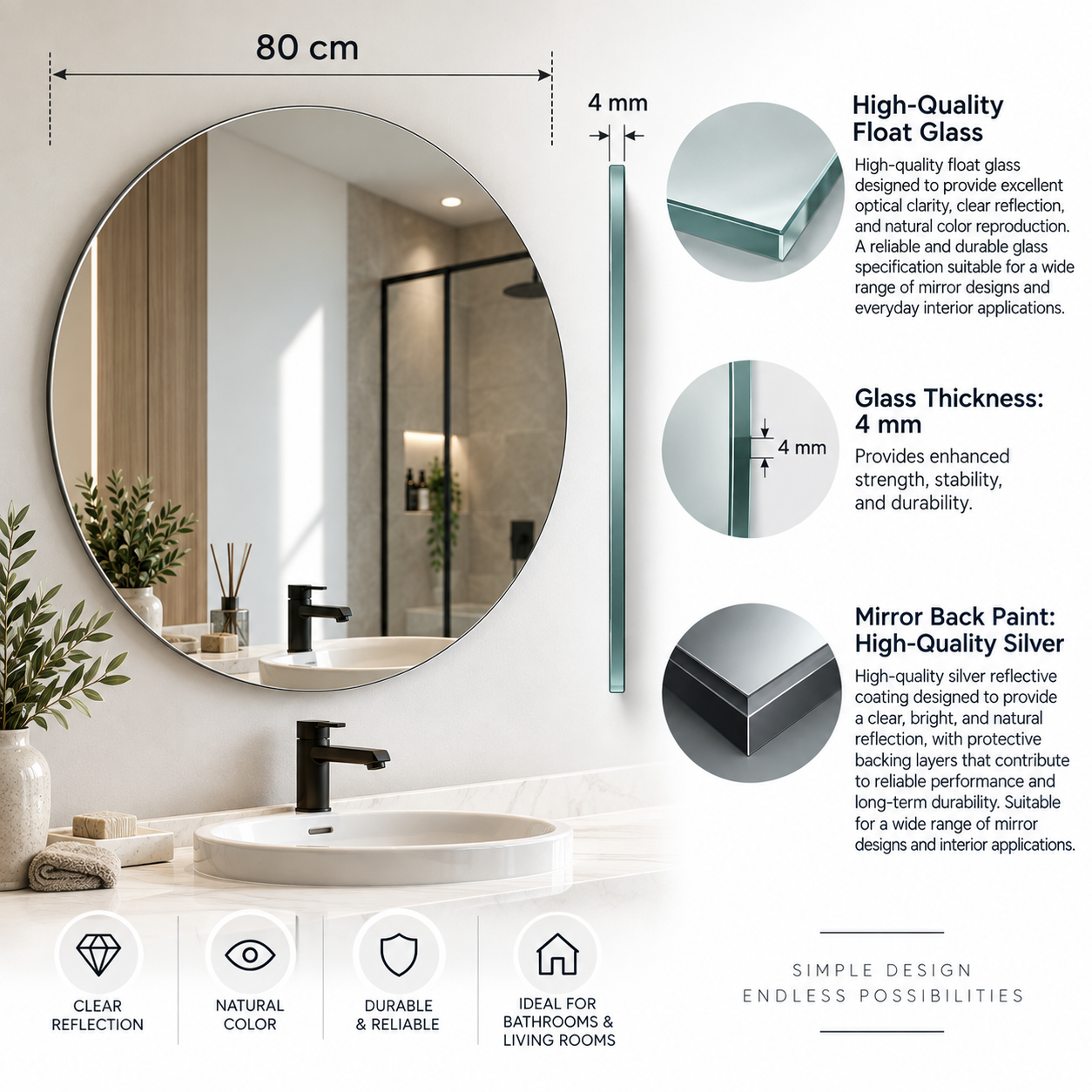 Round Frameless Floating Wall Mirror Ø80 cm High-Quality Float Glass Model 88015C