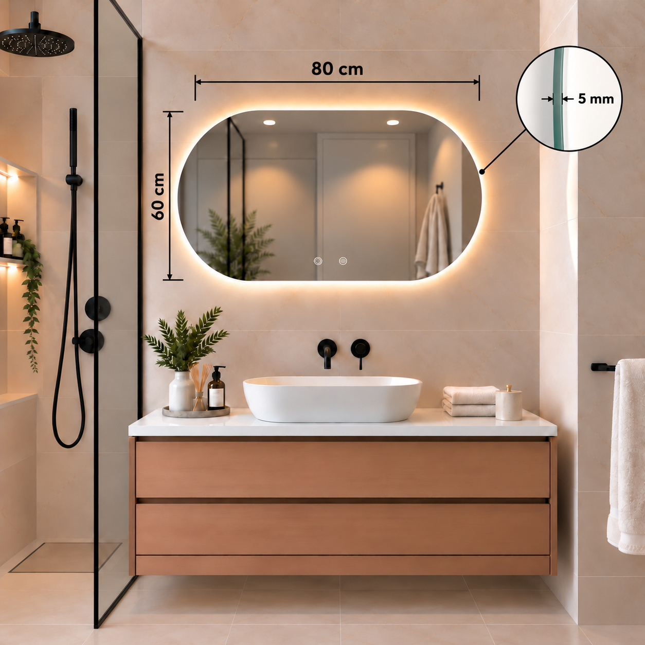 Oval Frameless Floating Wall Mirror 60×80 cm with Backlit LED Lighting & Defogger Ultra White Float Glass Model 15203BDLD