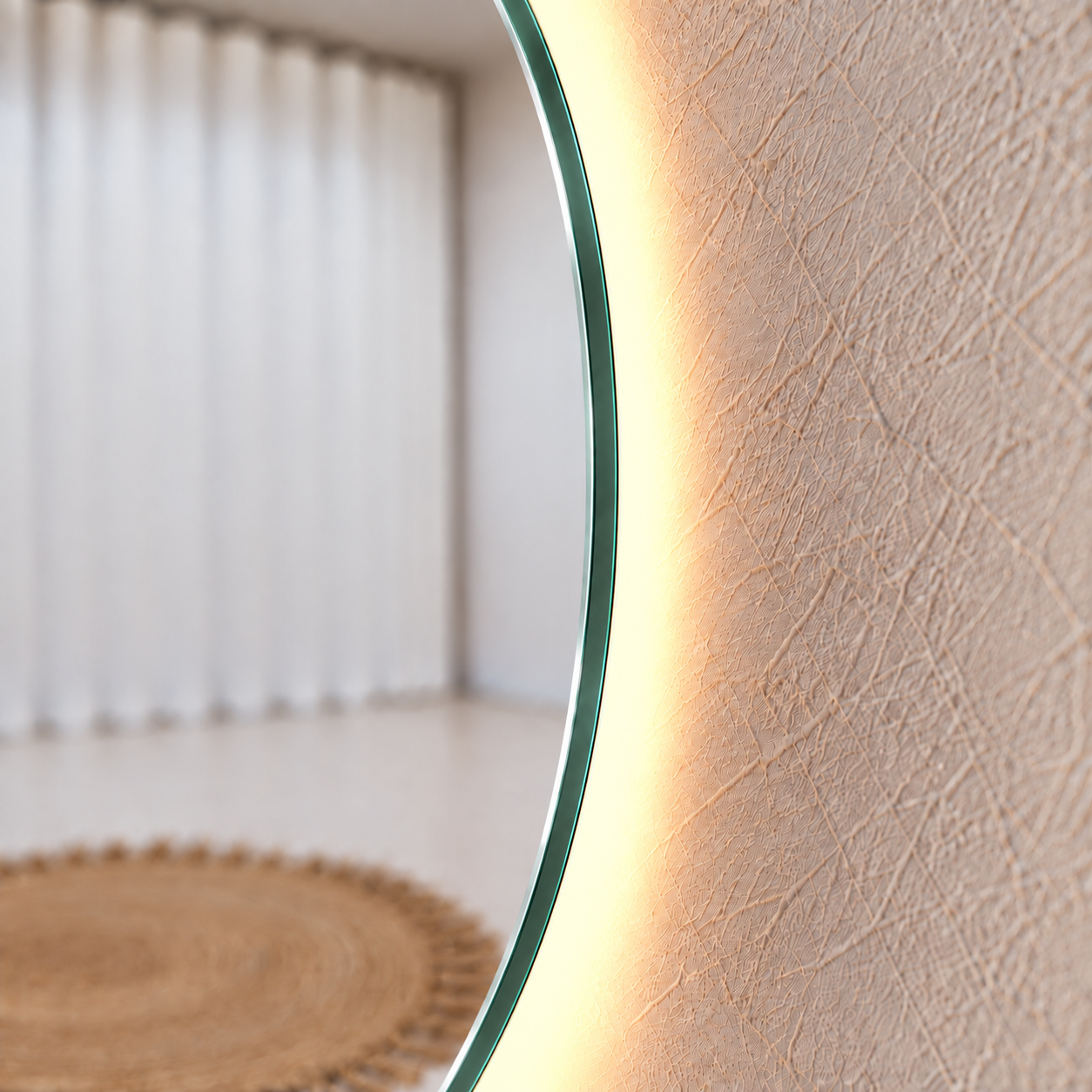 Round Full-Length Frameless Floating Wall Mirror Ø120 cm with Backlit LED Lighting Ultra White Float Glass Model 88018CLD