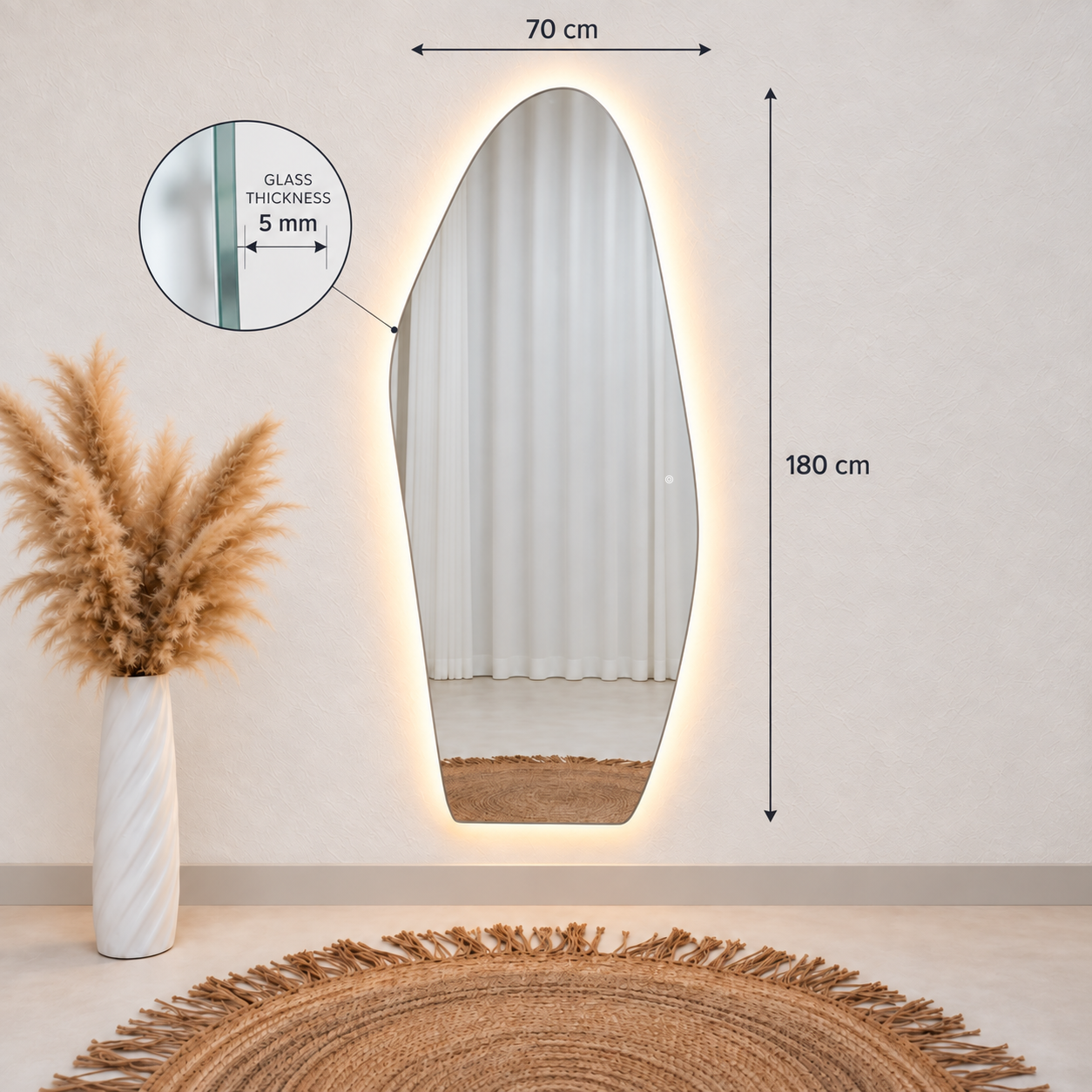 Asymmetrical Full-Length Frameless Floating Wall Mirror 70*180 cm with Backlit LED Lighting Ultra White Float Glass Model LM-54LD