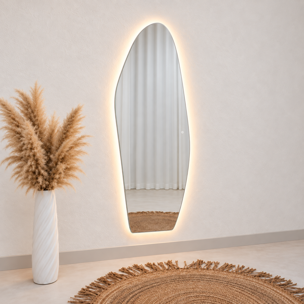 Asymmetrical Full-Length Frameless Floating Wall Mirror 70*180 cm with Backlit LED Lighting Ultra White Float Glass Model LM-54LD
