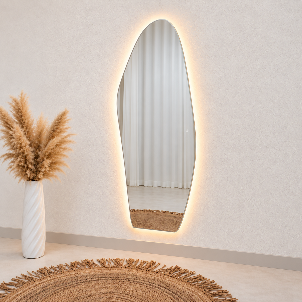 Asymmetrical Full-Length Frameless Floating Wall Mirror 70*180 cm with Backlit LED Lighting Ultra White Float Glass Model LM-54LD