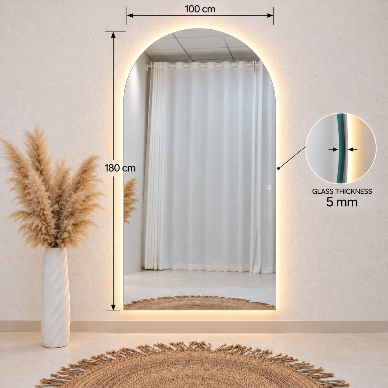 Arch Full-Length Frameless Floating Wall Mirror 100*180 cm with Backlit LED Lighting Ultra White Float Glass Model LM-71LD