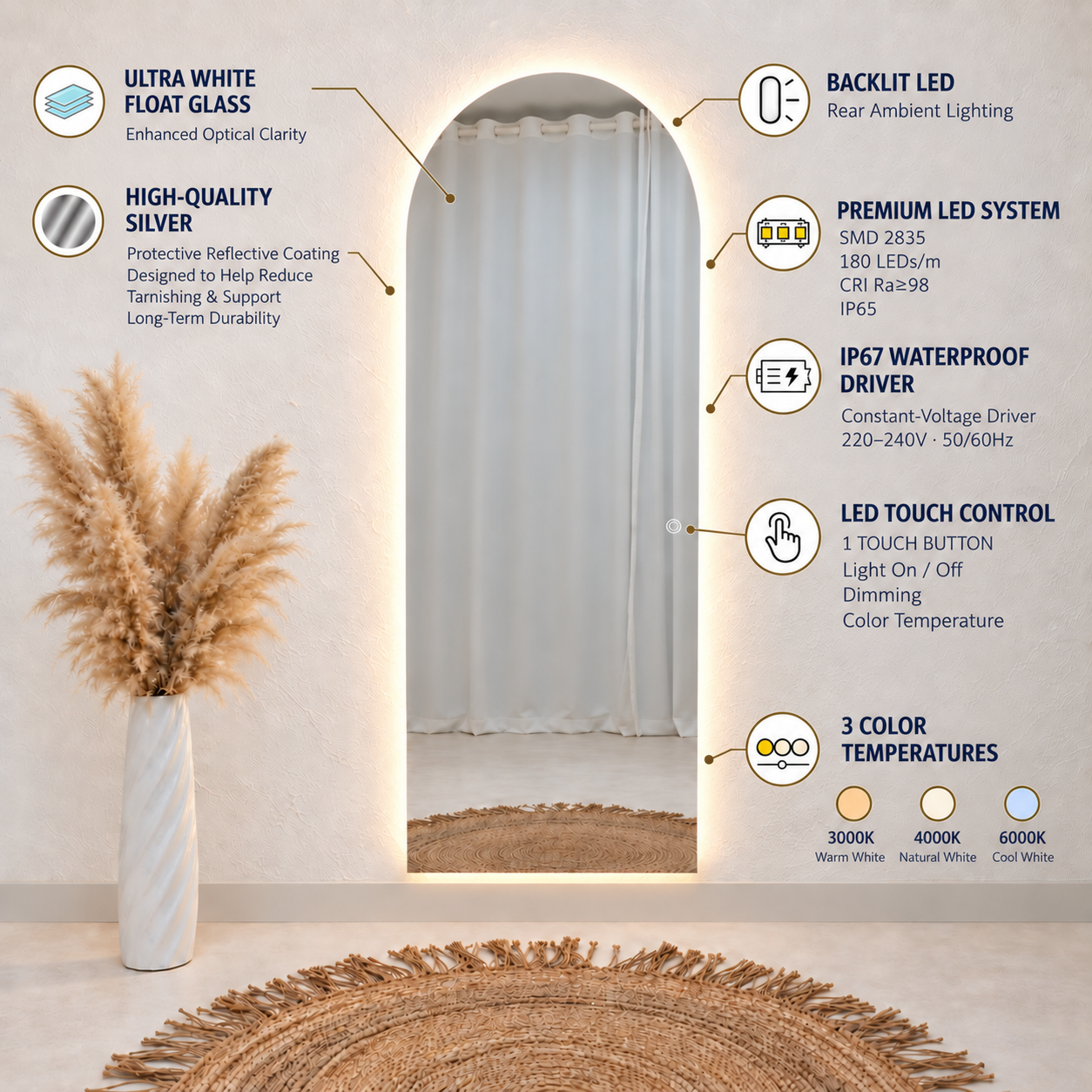 Arch Full-Length Frameless Floating Wall Mirror 100*180 cm with Backlit LED Lighting Ultra White Float Glass Model LM-71LD