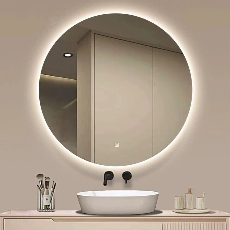 Round Frameless Floating Wall Mirror with Backlit LED & Defogger Ø80 cm – Model 15602D