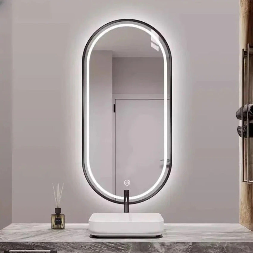 Oval Floating Wall Mirror with Matt Black Aluminum Frame, Front LED & Defogger 60×80 cm – Model 15401D