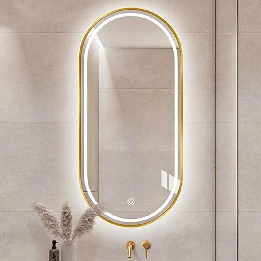 Oval Floating Wall Mirror with Matt Gold Aluminum Frame, Front LED & Defogger 60×80 cm – Model 15501D