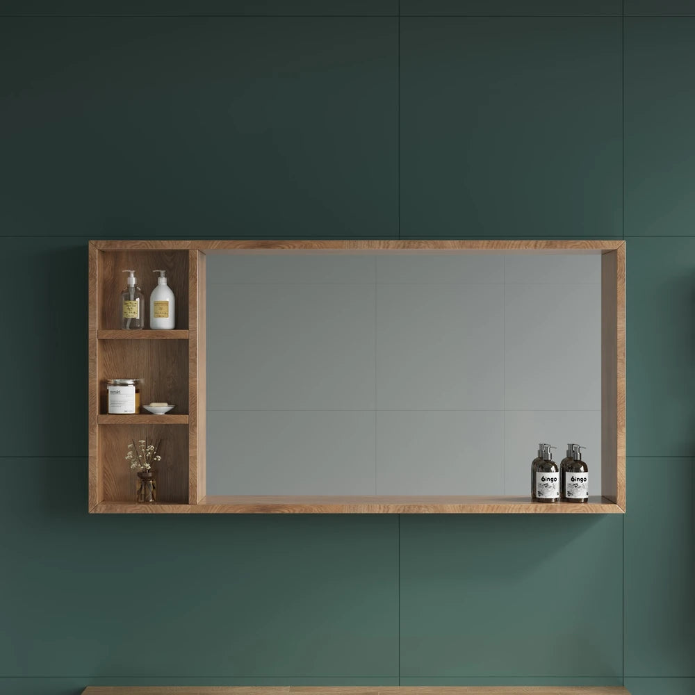 Rectangular Floating Wall Mirror 65×60 cm with Natural Oak Wood Frame and Side Shelves – Model 696D