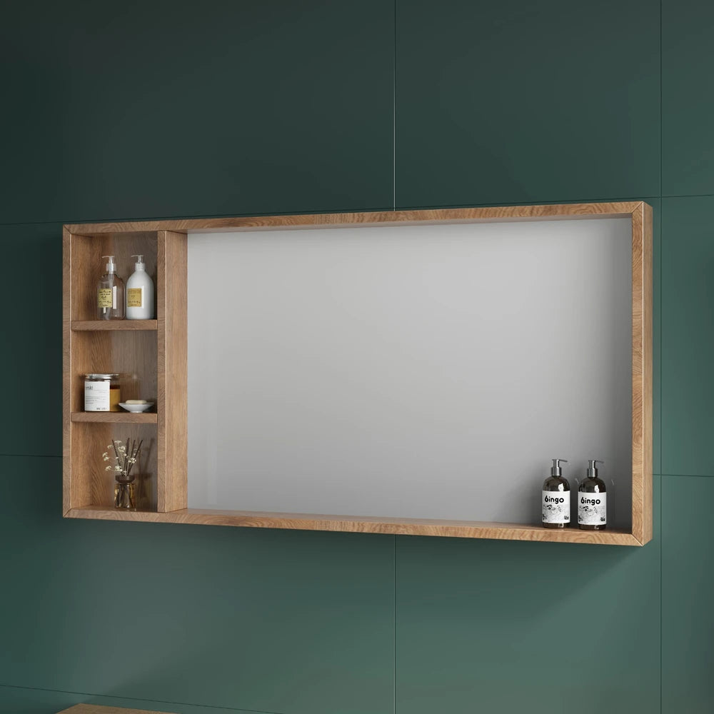 Rectangular Floating Wall Mirror 65×60 cm with Natural Oak Wood Frame and Side Shelves – Model 696D
