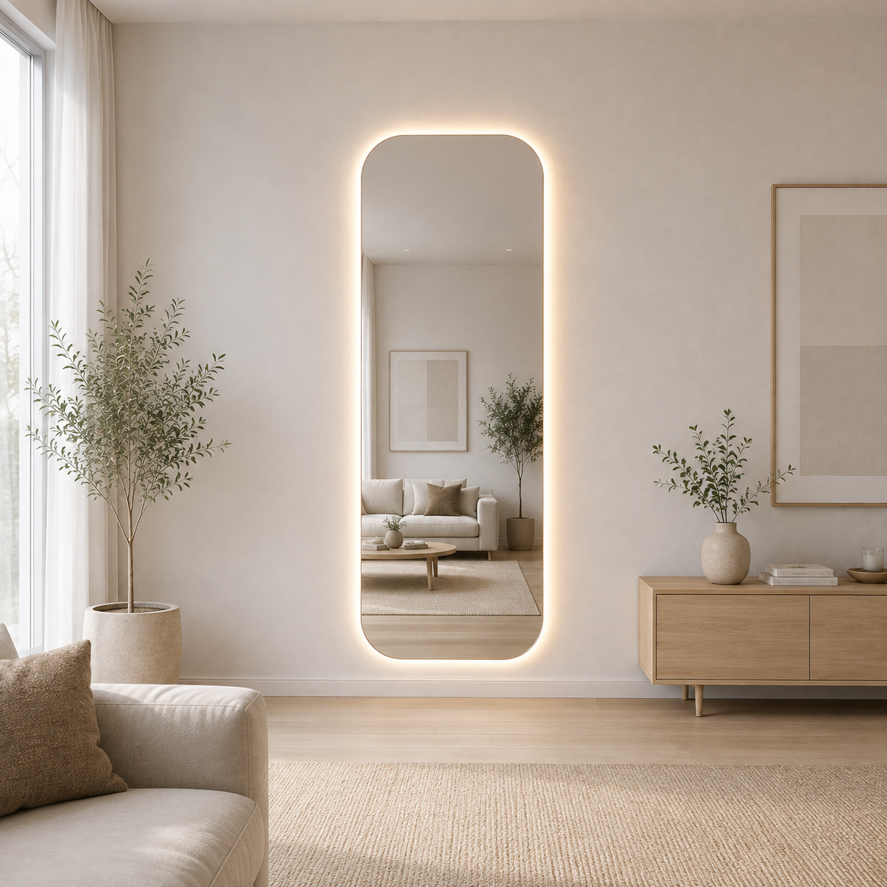 Rectangular Full-Length Frameless Floating Wall Mirror 70*180 cm with Backlit LED Lighting High-Quality Silver Model LM-73LD