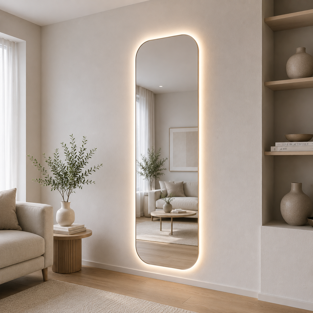Rectangular Full-Length Frameless Floating Wall Mirror 70*180 cm with Backlit LED Lighting High-Quality Silver Model LM-73LD