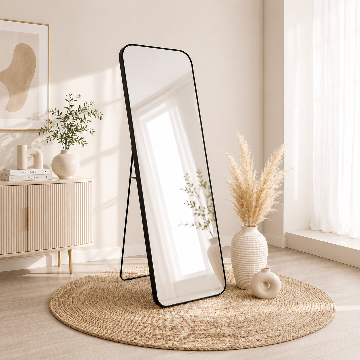 Rectangular Full-Length Standing & Wall-Mount Mirror 70×180 cm High-Quality Silver with Matte Black Aluminum Frame Model LM-14B