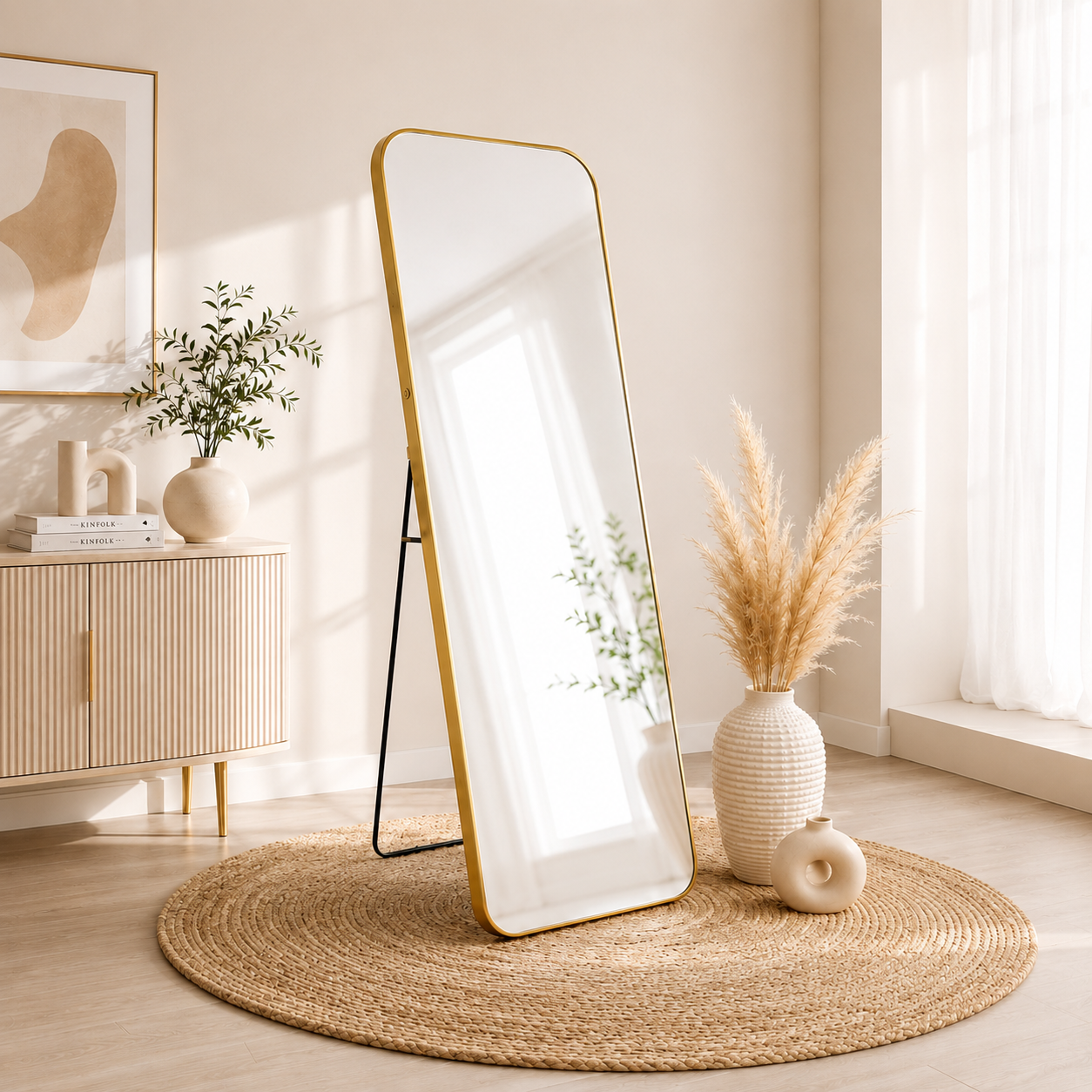 Rectangular Full-Length Standing & Wall-Mount Mirror 70×180 cm High-Quality Silver with Matte Gold Aluminum Frame Model LM-14G