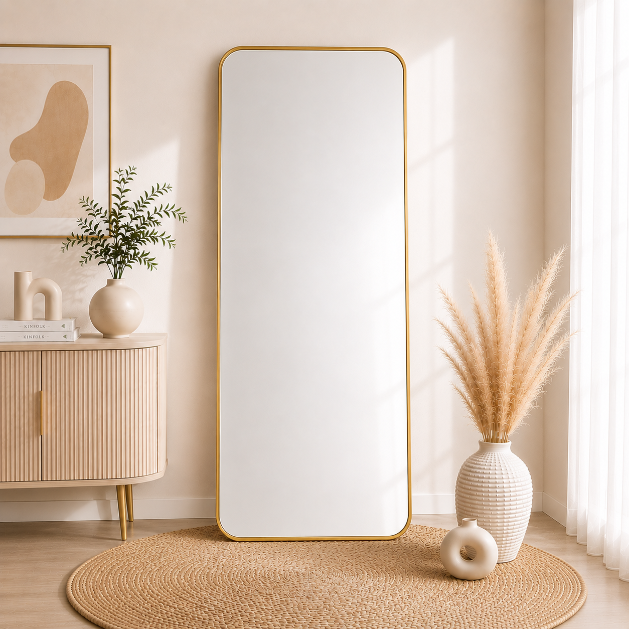 Rectangular Full-Length Standing & Wall-Mount Mirror 70×180 cm High-Quality Silver with Matte Gold Aluminum Frame Model LM-14G
